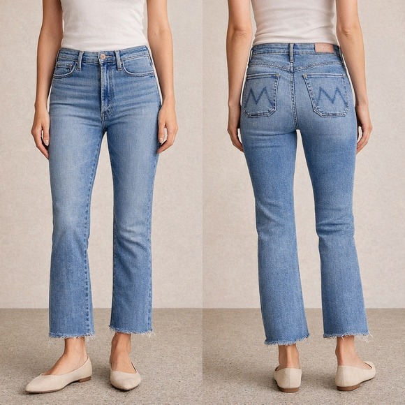 MOTHER Denim - MOTHER Sz‎ 25 Hustler Ankle Cropped Flare Raw Hem Designer Blue Stretch Jeans